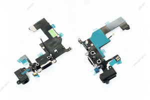Шлейф для iPhone 5 черный, с разъемом зарядки (системным), разъемом гарнитуры, антенной
