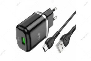 Сетевая зарядка USB Hoco N3, Special single, 18W, 3A, QC3.0, c кабелем Type-C, 1м, черный