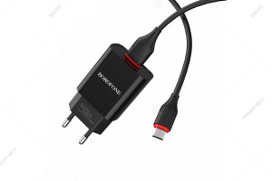 Сетевая зарядка USB Borofone BA20A, 5V-2.1A с кабелем Micro-USB, 1м, черный
