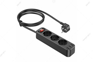 Сетевой удлинитель Hoco NS2, 3 евро-розетки ~220В + 3-USB - 5V - 2.4A, 16A, кабель 1,8м, черный