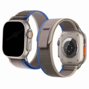Ремешок нейлоновый для Apple Watch 49мм, 45мм, 44мм, Trail Loop, серый с синей полосой