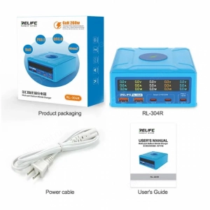 Зарядная станция Relife RL-304R, GAN, 2USB + 3 Type-C + беспроводная зарядка, с дисплеем, 260W